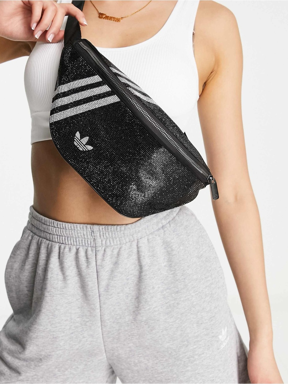 adidas bedazzled Black Sling Belt Bag with White Three-Stripes